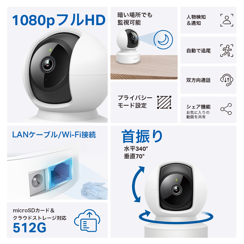 Tapo 屋内見守りカメラ 1080p パンチルト Tapo C202
