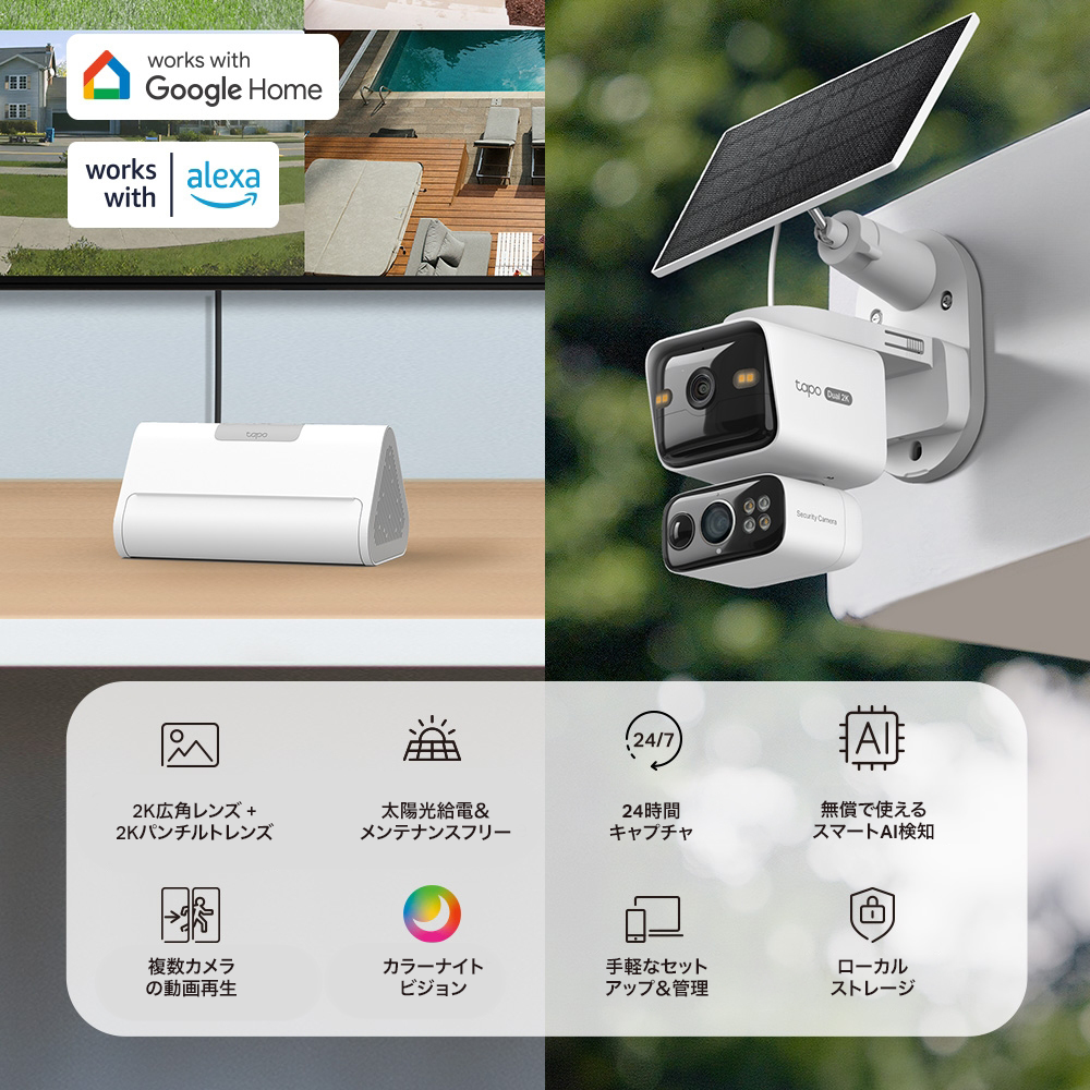 【Tapo Store限定早割★21%OFF】Tapo ホームセキュリティハブ＆ソーラー給電デュアルレンズパンチルトセキュリティカメラキット HB410